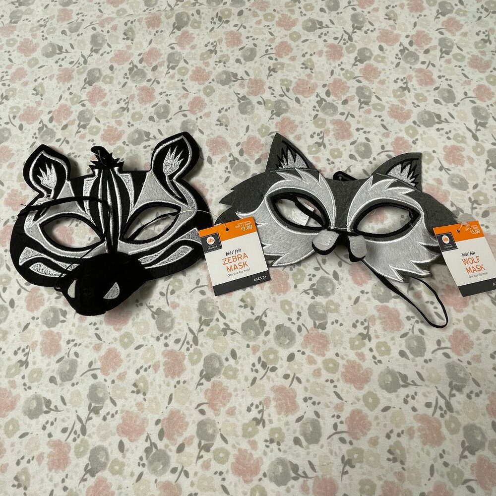 2 Masks - Kids, Felt, Wolf & Zebra - Halloween Costume Accessories - NWT